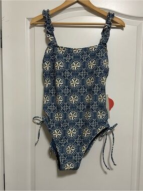 Agua Bendita Navy Blue Medallion One-Piece Swimsuit with Ruffle Straps - XL